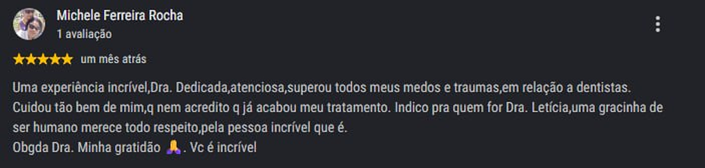 Avaliação de paciente 2 no Google, cinco estrelas