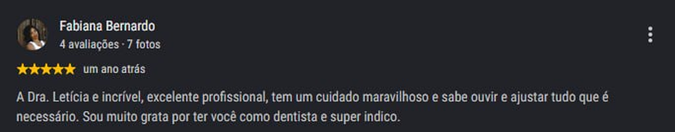 Avaliação de paciente 3 no Google, cinco estrelas