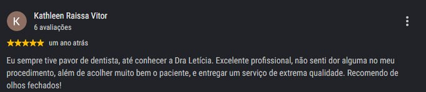 Avaliação de paciente 4 no Google, cinco estrelas