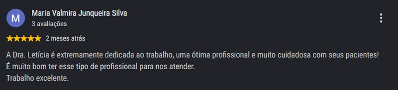 Avaliação de paciente 5 no Google, cinco estrelas